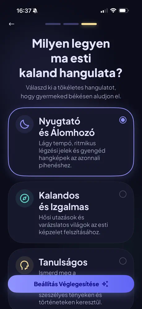 Hangulatválasztó képernyő az esti meséhez