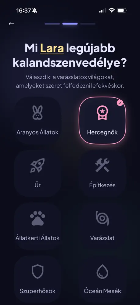 Témaválasztó képernyő az Esti Mesék AI alkalmazásban